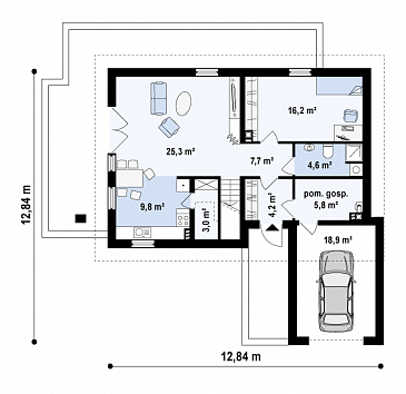 Проект одноэтажного мансардного дома из кирпича с балконом и с фронтальным пристроенным гаражом / План 1 этажа