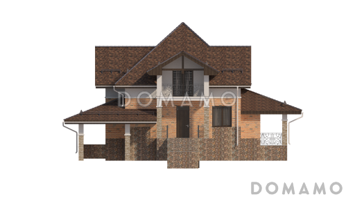 Проект дома с использованием трёх видов отелочных материалов, с навесом для автомобиля и террасой / Фасад 1