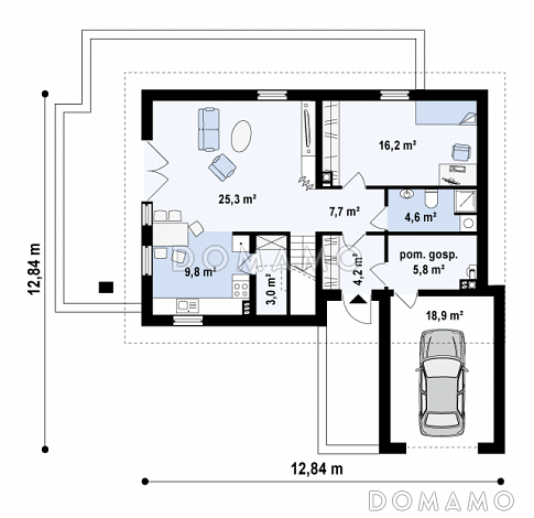 Проект одноэтажного мансардного дома из кирпича с балконом и с фронтальным пристроенным гаражом / План 1 этажа