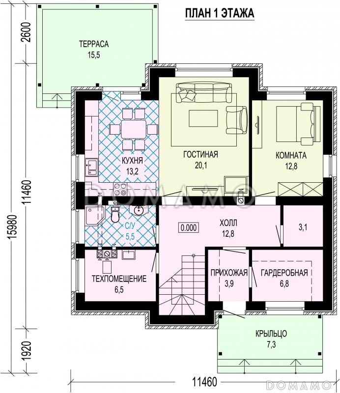 Проект дома из газобетона с кабинетом, гостевой, террасой и тремя спальнями / План 1 этажа