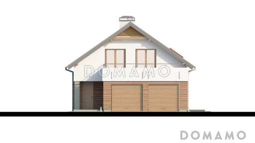 Проект одноэтажного мансардного дома из газобетона с крытой угловой террасой и большой открытой террасой над гаражом / Фасад 1