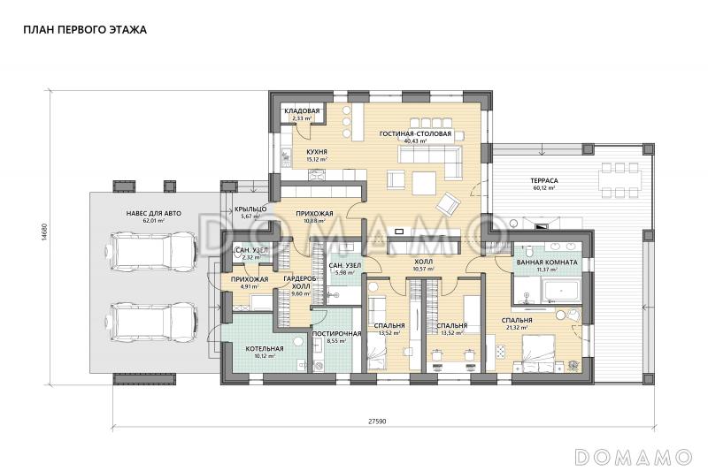 Проект одноэтажного кирпичного дома с 3 спальнями, кладовой при кухне, навесом для двух автомобилей и угловой террасой с печью-барбекю / План 1 этажа