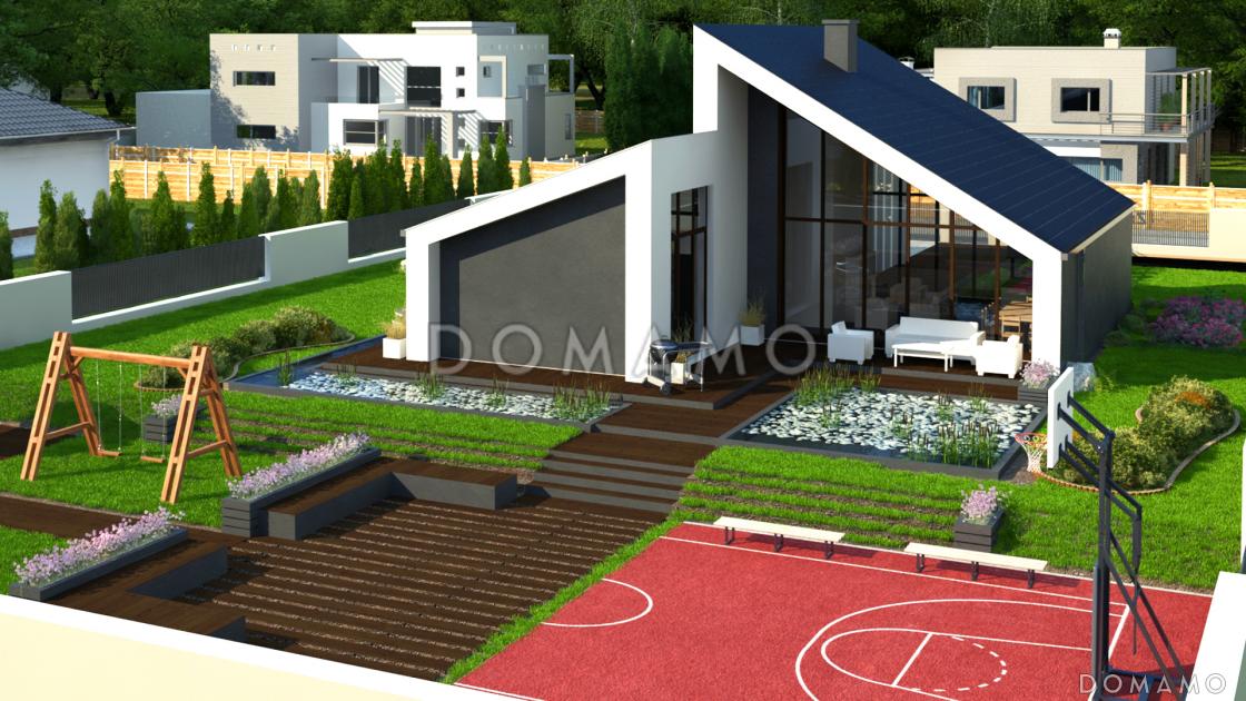 Проект комфортного одноэтажного дома с косой крышей, большими террасами, панорамным остеклением дневной зоны / 4