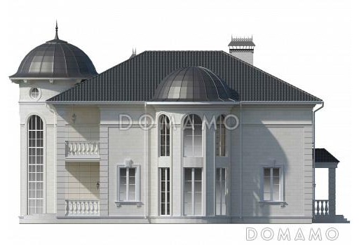 Проект двухэтажного дома в византийском стиле из газобетона с двумя круглыми эркерами и гаражом / Фасад 2