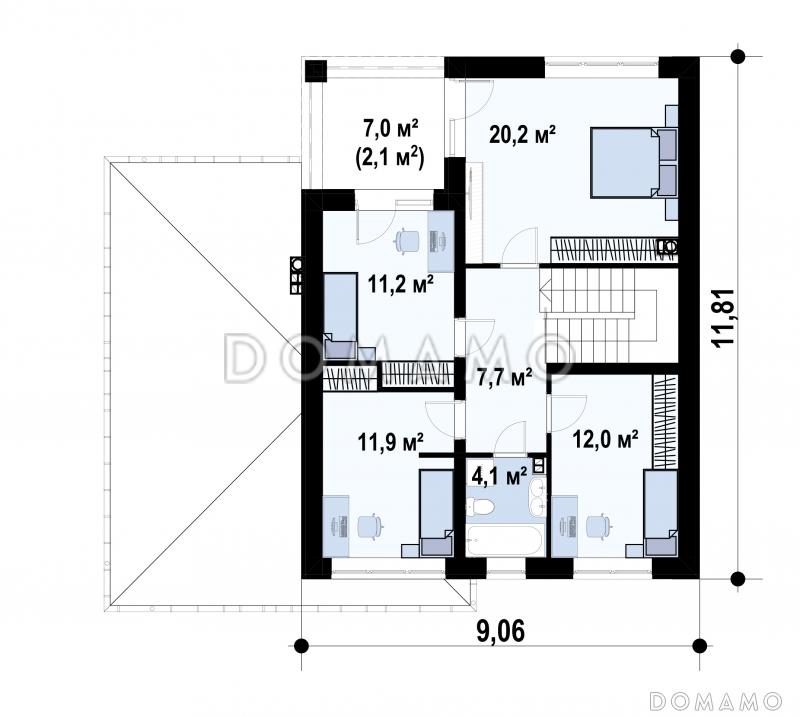 Проект двухэтажного загородного дома с балконом на две спальни, кабинетом, гаражом, террасой / План 2 этажа