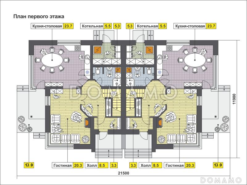 Проект дома на две семьи с большой кухней-столовой, гостиной с камином, террасой, длинным балконом / План 1 этажа