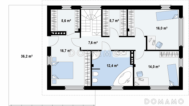 Проект двухэтажного дома из газобетона с четырьмя комнатами, гаражом и открытой террасой над ним / План 2 этажа