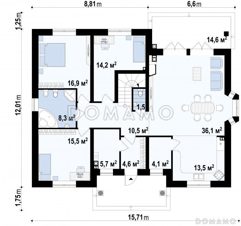 Проект одноэтажного дома из газобетона с мансардой и балконом и зоной барбекю на террасе  / План 1 этажа