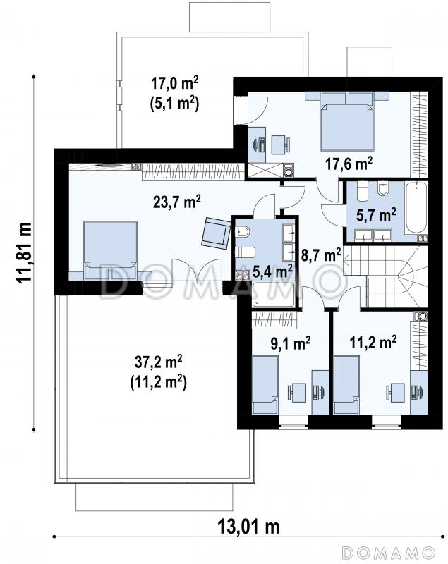 Проект стильного загородного дома с плоской крышей, гаражом, террасами / План 2 этажа