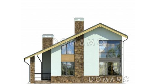 Проект дома с навесом на два автомобиля, гостиной с камином, крытой террасой / Фасад 2