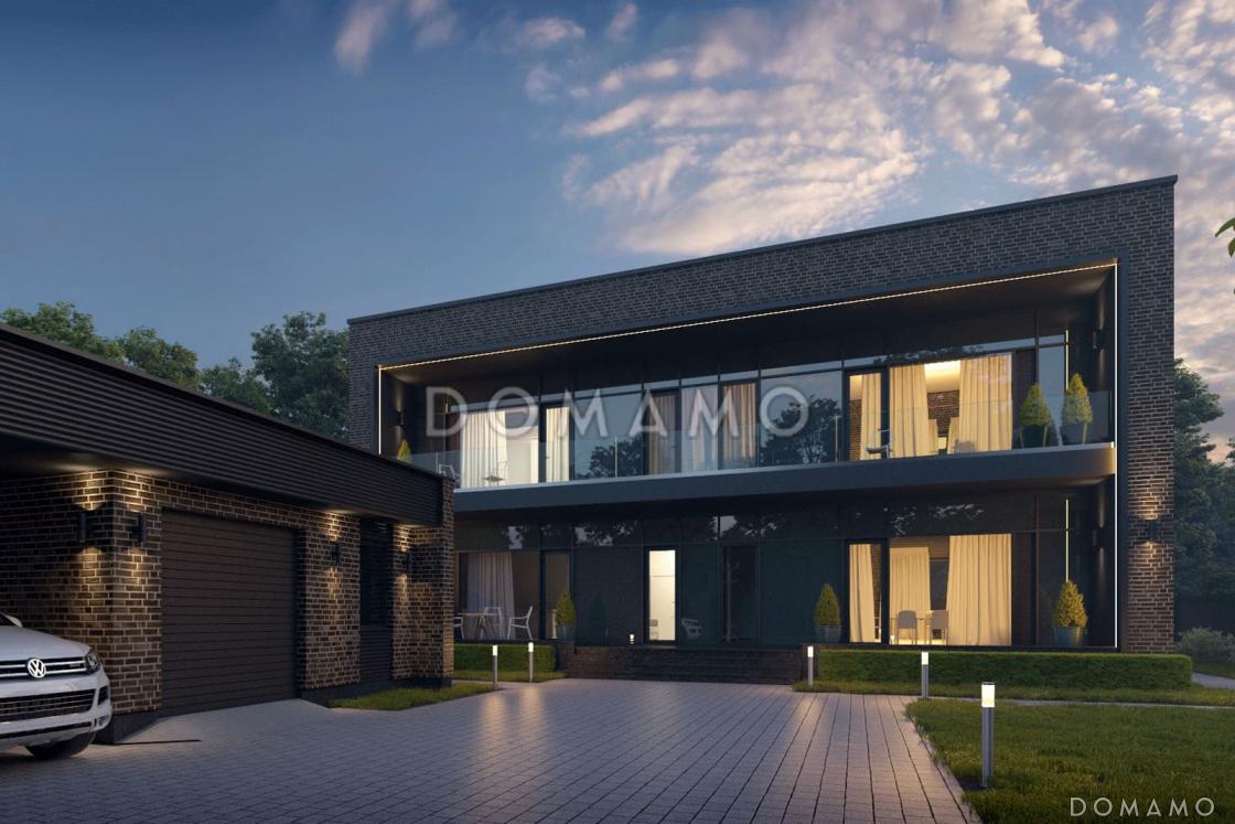 Проект двухэтажного кирпичного коттеджа с мастер-спальней, сауной и террасой барбекю / 1