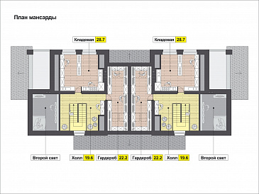 Проект загородного дома с изолированной кухней, крытой террасой, лоджиями, вторым светом / План мансардного этажа Проект загородного дома с изолированной кухней, крытой террасой, лоджиями, вторым светом / План мансардного этажа