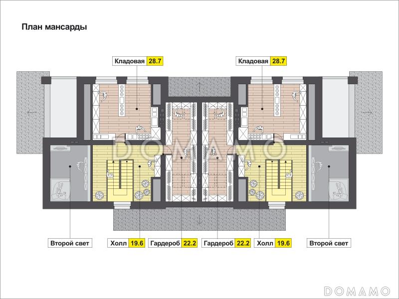 Проект загородного дома с изолированной кухней, крытой террасой, лоджиями, вторым светом / План мансардного этажа