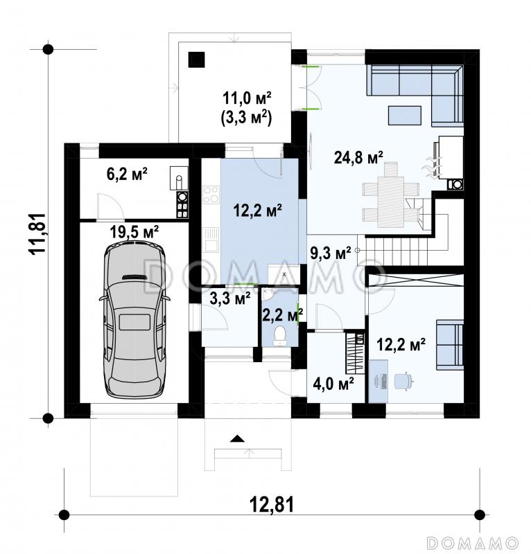 Проект двухэтажного загородного дома с балконом на две спальни, кабинетом, гаражом, террасой / План 1 этажа