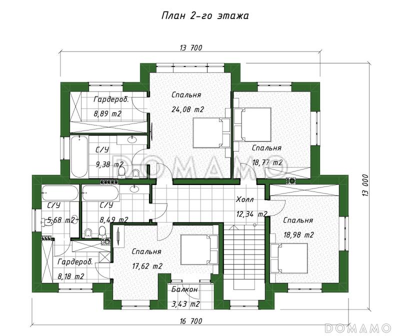 Проект двухэтажного дома из газобетона с пристроенным навесом, верандой и камином / План 2 этажа Проект двухэтажного дома из газобетона с пристроенным навесом, верандой и камином / План 2 этажа