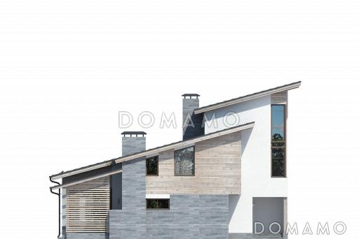 Проект дома с косой крышей, террасой, вытянутой прямоугольной кухней, просторной совмещенной гостиной столовой, спальней на первом этаже, вторым светом, игровой, кабинетом под крышей / Фасад 2