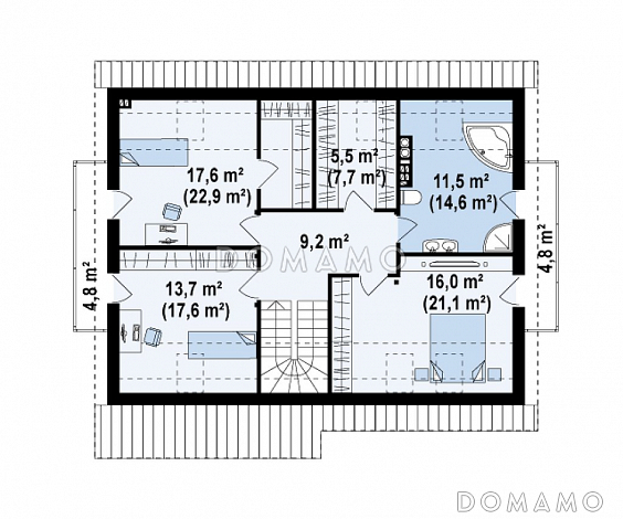 Проект одноэтажного мансардного дома из газобетона с кабинетом, гаражом и двумя балконом по торцам  / План мансардного этажа