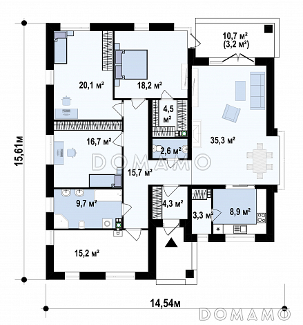 Проект загородного дома функциональной планировки с  большой гостиной и изолированной кухней с кладовой, просторной ванной / План 1 этажа