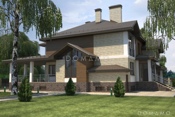 Проект особняка в трех уровнях, с комнатой отдыха на чердаке, с мастерской, гаражом и навесом под автомобиль Проект особняка в трех уровнях, с комнатой отдыха на чердаке, с мастерской, гаражом и навесом под автомобиль