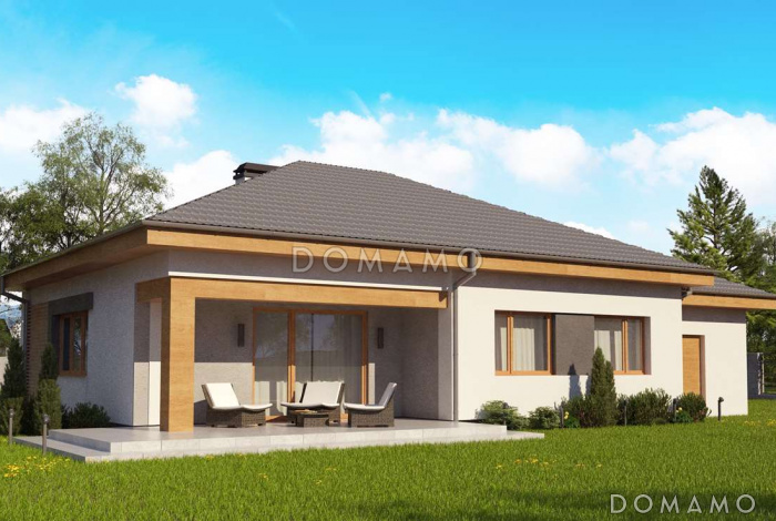 Проект одноэтажного дома из газобетона с тремя спальнями и небольшой крытой угловой террасой, увеличенная версия 273 с гаражом Проект одноэтажного дома из газобетона с тремя спальнями и небольшой крытой угловой террасой, увеличенная версия 273 с гаражом