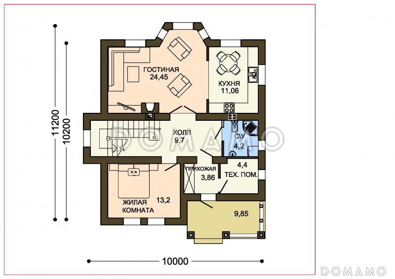 Проект коттеджа из белого клинкера с эркером и деревянными вставками / План 1 этажа