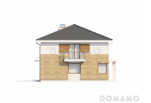 Проект современного двухэтажного дома из кирпича, адаптированного под сейсмику, с четырьмя спальнями, балконом и встроенным гаражом / Фасад 3