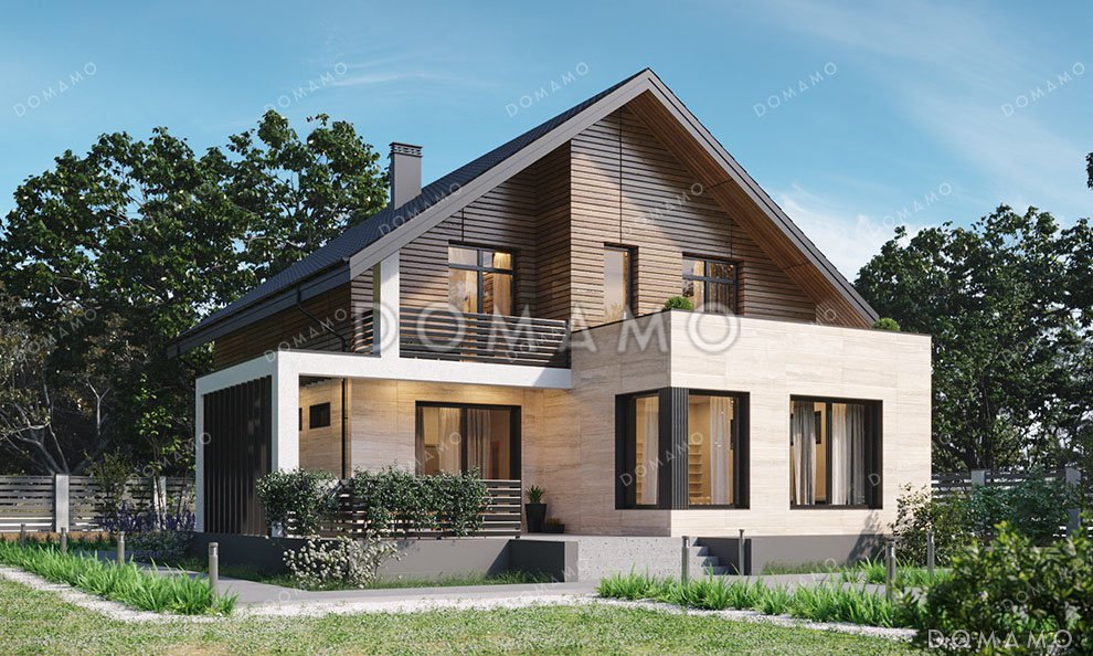 Проект одноэтажного дома с просторной террасой и двумя балконами / 1