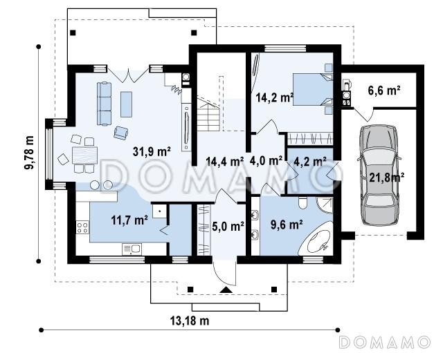 Проект классического мансардного дома из газобетона с дополнительной спальней на первом этаже, с эркером и гаражом / План 1 этажа
