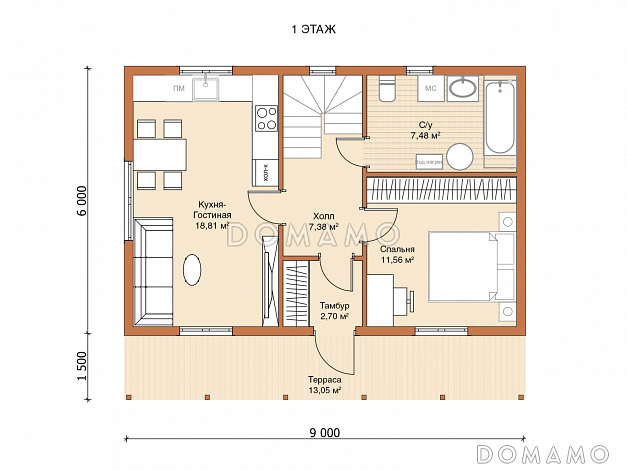 Каркасный дом "Уют" / План 1 этажа