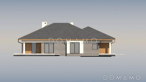Проект одноэтажного просторного дома из кирпича с крытой террасой, эркером и гаражом для двух автомобилей / Фасад 4