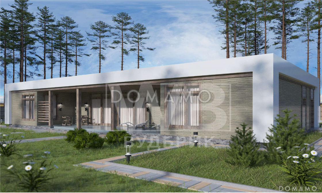 Проект одноэтажного современного дома с панорамными окнами, тремя спальнями и большой крытой террасой / 1
