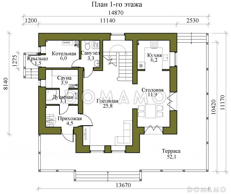 Проект двухэтажного кирпичного дома со вторым светом, просторной крытой террасой и сауной / План 1 этажа