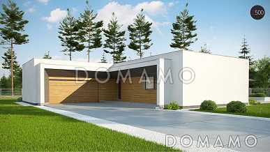 Проект современного одноэтажного углового дома из газобетона с плоской крышей, с тремя спальнями и двухместным гаражом 