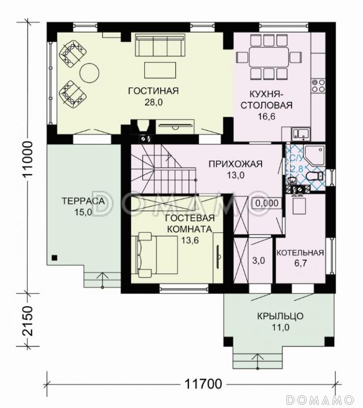 Проект загородного дома с панорамным окном в гостиной / План 1 этажа