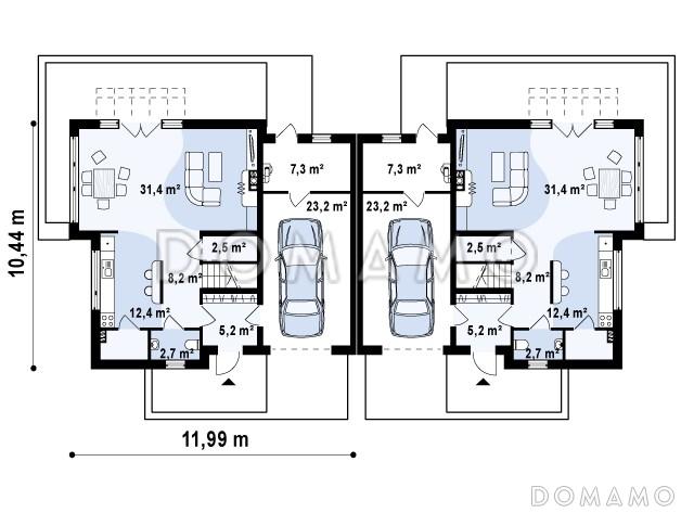 Проект современных мансардных домов-близнецов из газобетона с гаражом, тремя спальнями и балконом / План 1 этажа