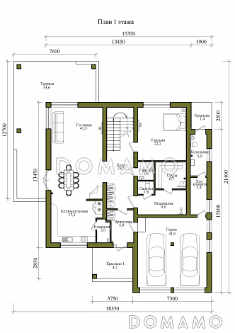 Проект двухэтажного дома с крытой террасой на первом и открытой террасой на втором этажах / План 1 этажа