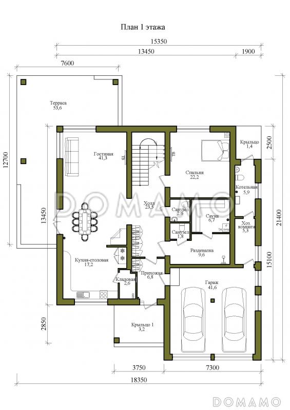 Проект двухэтажного дома с крытой террасой на первом и открытой террасой на втором этажах / План 1 этажа