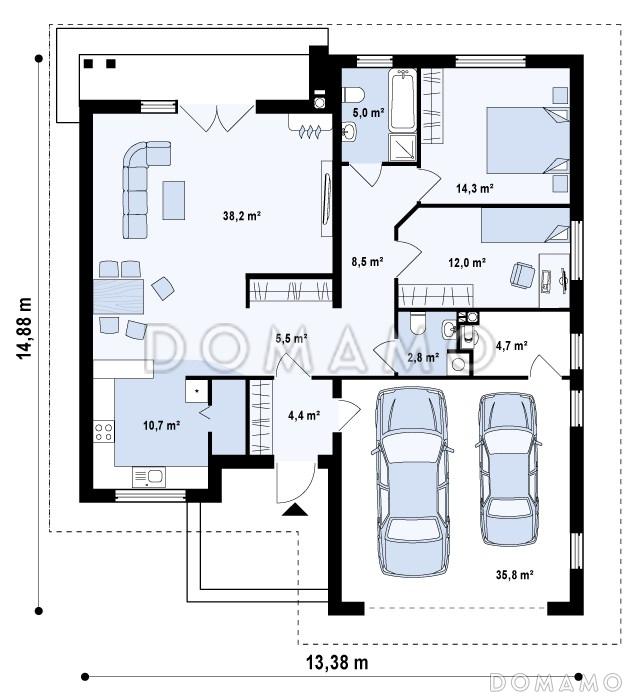 Проект одноэтажного дома из газобетона с просторной гостиной, большим гаражом и двумя спальнями / План 1 этажа