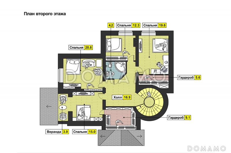 Проект дома с застекленным холлом, полукруглым крыльцом, сауной и четырьмя спальнями на мансарде / План мансардного этажа