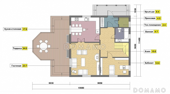 Проект кирпичного дома с большой открытой террасой / План 1 этажа