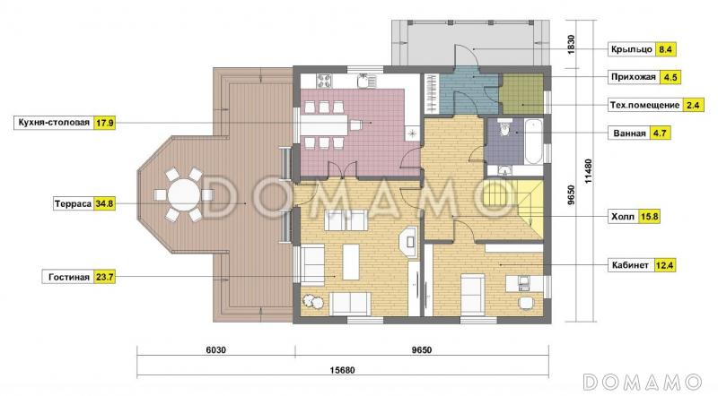 Проект кирпичного дома с большой открытой террасой / План 1 этажа