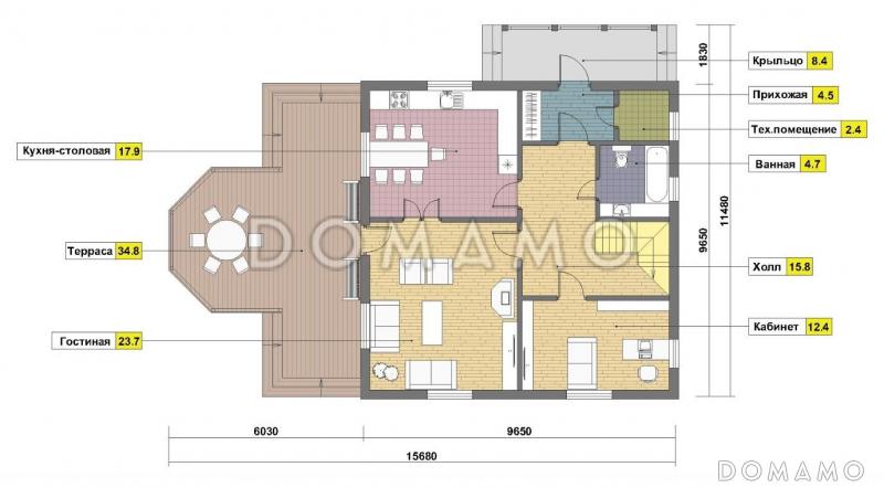 Проект кирпичного дома с большой открытой террасой / План 1 этажа