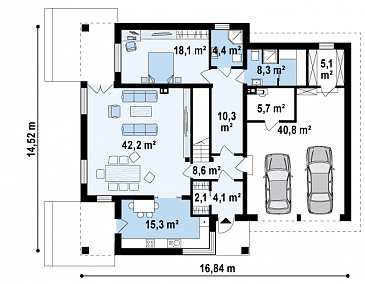Проект просторного двухэтажного дома из кирпича с дополнительной спальней на первом этаже, гаражом и сауной / План 1 этажа