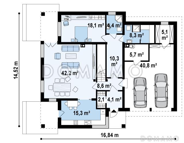 Проект просторного двухэтажного дома из кирпича с дополнительной спальней на первом этаже, гаражом и сауной / План 1 этажа