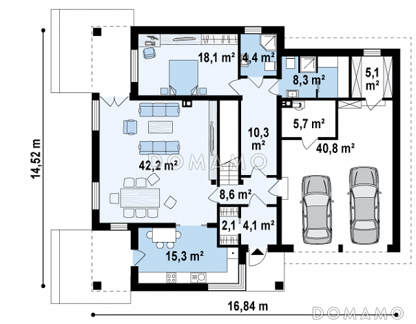 Проект просторного двухэтажного дома из кирпича с дополнительной спальней на первом этаже, гаражом и сауной / План 1 этажа