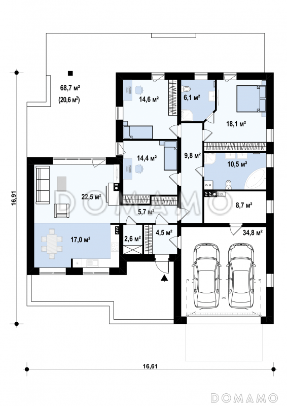 Проект одноэтажного дома из газобетона с большой угловой террасой и гаражом на два автомобиля / План 1 этажа