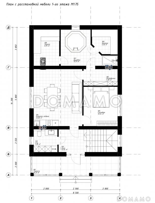 Проект дома со спа-зоной, одной спальней, бильярдной и широким балконом на мансарде / План 1 этажа