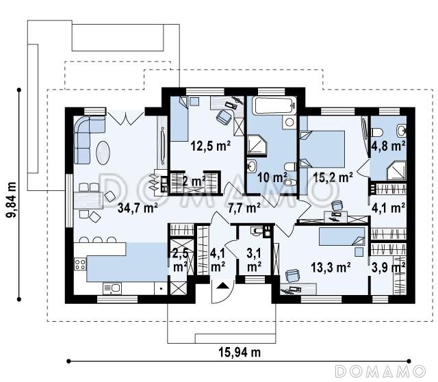 Проект одноэтажного дома из газобетона с просторной дневной зоной и тремя спальнями / План 1 этажа