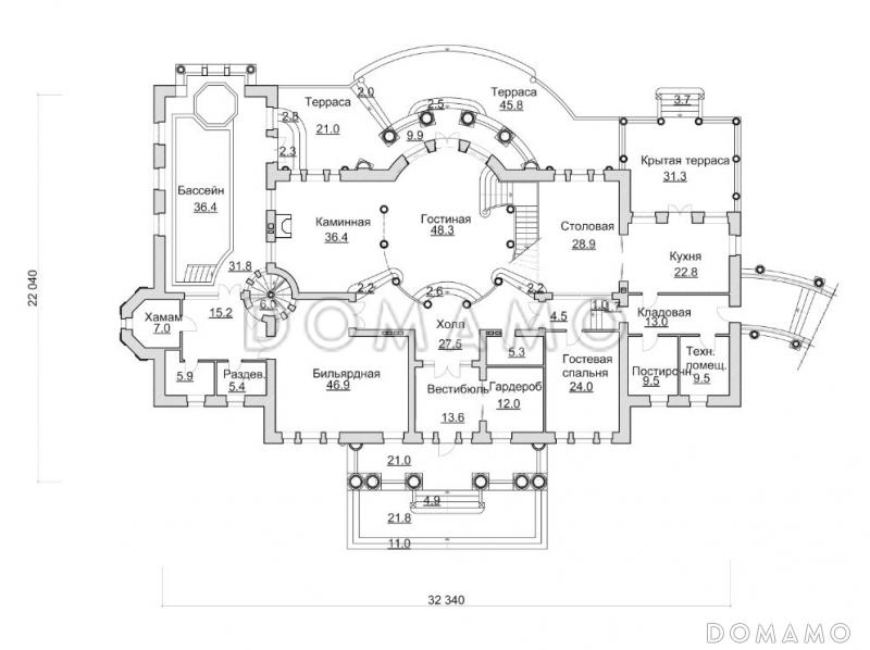 Проект просторного коттеджа с бассейном, бильярдной и парадной гостиной / План 1 этажа