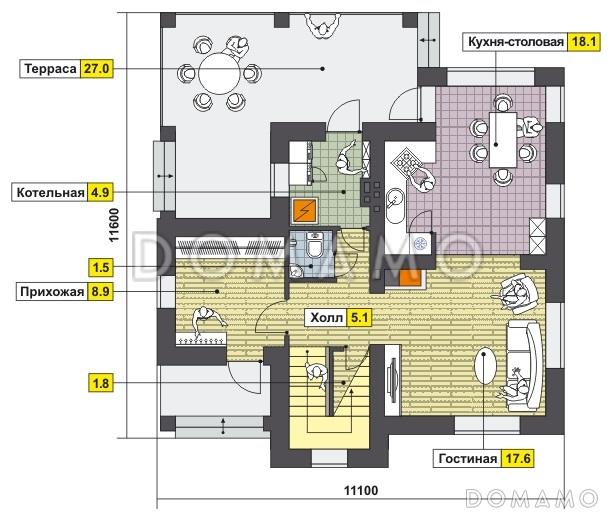Проект дома с большой крытой террасой, просторной прихожей, ванной с окном на втором этаже / План 1 этажа